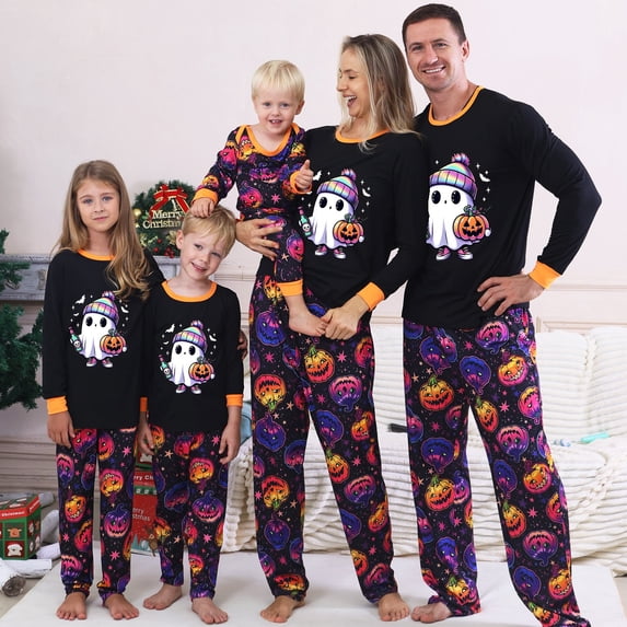 Yuaguia Black Matching Family Halloween Pajamas Sets, Long Sleeve Cute Ghost Print Tops, Colorful Pumpkin Pants Festive Sleepwear for Women, Men, Kids, Baby, Toddler