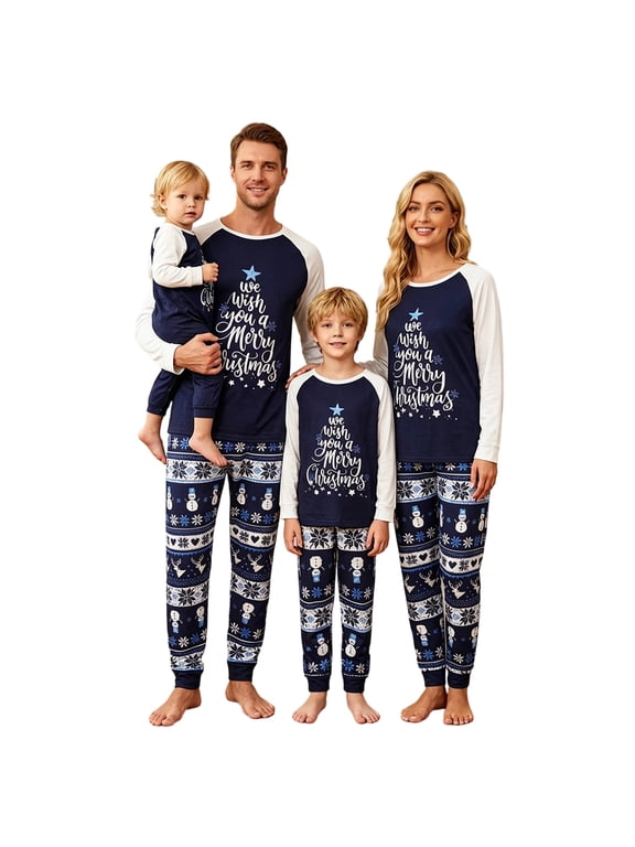 Blue Matching Family Christmas Pajamas Sets, We Wish You a Merry Christmas Lettering Raglan Long Sleeve Tops, Snowman Snowflake Pants Sleepwear for Women, Men, Kids, Baby, Toddler