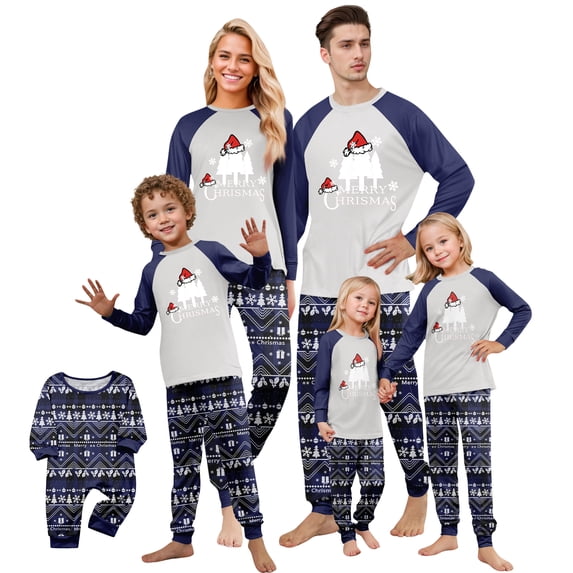 Yuaguia Christmas Family Matching Pajamas Set, Blue and White Snowflake Hat Tree Print Long Sleeve Top and Blue Patterned Pants, Festive Holiday Sleepwear, Baby 9 Months