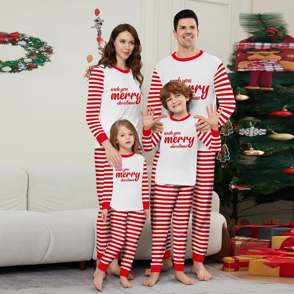 Yuaguia Christmas Family Matching Pajamas Set, Long Sleeve Wish You Merry Christmas Letter Print Tops Red White Striped Pants, Holiday Loungewear for Men Women Kids Baby