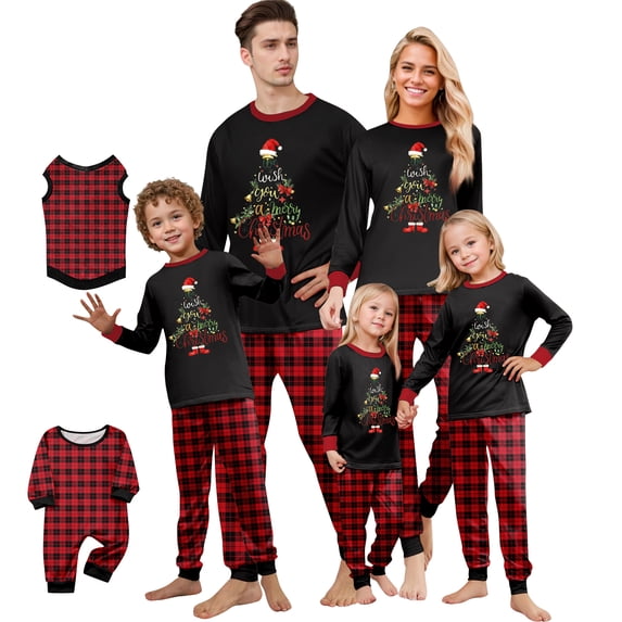 Yuaguia Family Christmas Matching Pajamas Set, Wish You a Merry Christmas Tree Letter Print Long Sleeve Tops and Red Black Plaid Pants, Holiday Sleepwear, Men XL