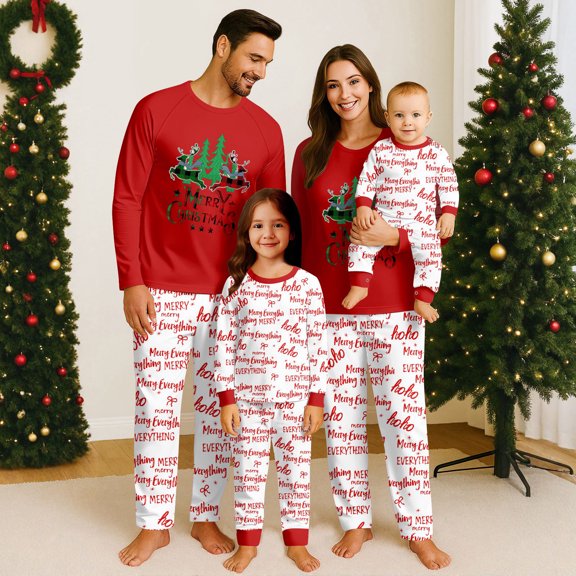 Yuaguia Family Matching Christmas Pajamas, Merry Christmas HoHo Merry Everything Christmas Tree Print Long Sleeve Top and Patterned Lounge Pants Sleepwear Set, Baby 3 Months