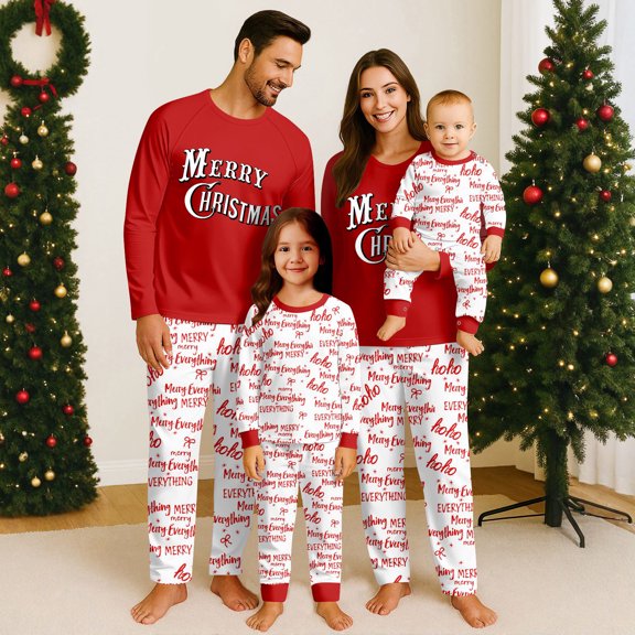 Yuaguia Family Matching Christmas Pajamas, Merry Christmas HoHo Merry Everything Letter Print Long Sleeve Top and Patterned Lounge Pants Sleepwear Set, Baby 3 Months