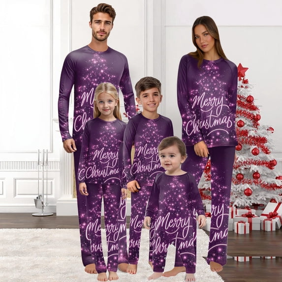 Yuaguia Family Matching Christmas Pajamas, Merry Christmas Letter Purple Sparkle Print Long Sleeve Top and Matching Lounge Pants Sleepwear Set, Kids 4 Years