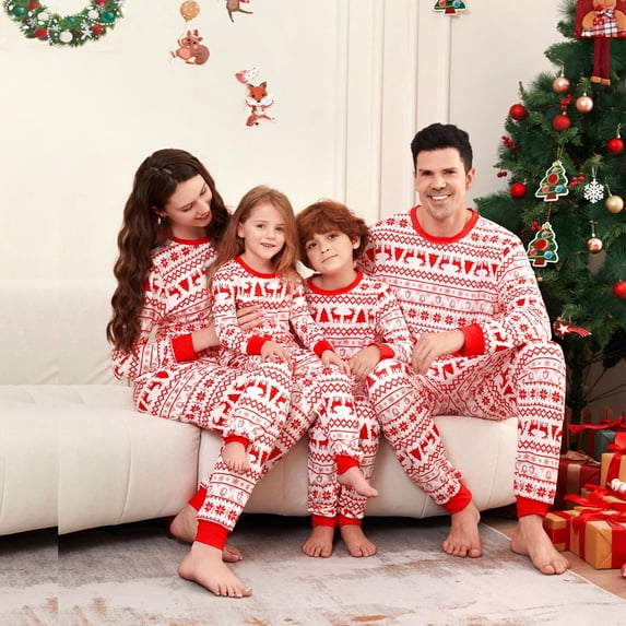 Yuaguia Family Matching Christmas Pajamas, Nordic Reindeer Snowflake Fair Isle Print Long Sleeve Top and Red White Holiday Pattern Lounge Pants Sleepwear Set, Kids 5 Years