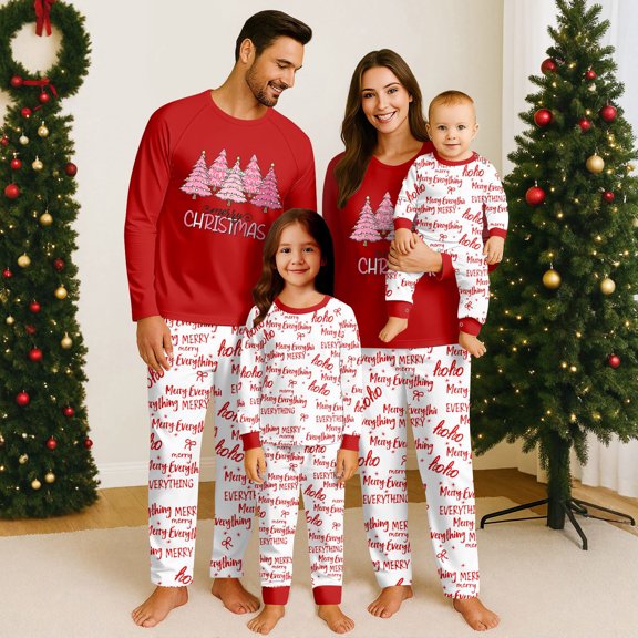 Yuaguia Family Matching Christmas Pajamas, Pink Christmas Trees Print Red Long Sleeve Top and Merry Everything White Lounge Pants Sleepwear Set, Baby 3 Months