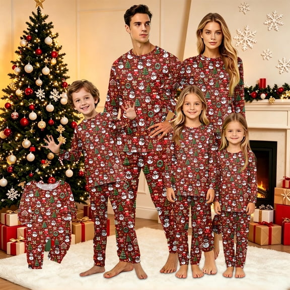 Yuaguia Family Matching Christmas Pajamas Set, Red Snowman Tree Wreath Gingerbread House Print Long Sleeve Tops Pants Loungewear Holiday Sleepwear Men Women Kids Baby