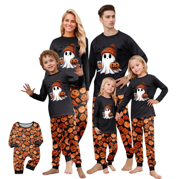 Yuaguia Family Matching Halloween Pajamas Set, Long Sleeve Black Ghost Print Top and Pumpkin Pants Sleepwear, Spooky Holiday Loungewear for Family Party, Home Outfits, Kids 5 Years