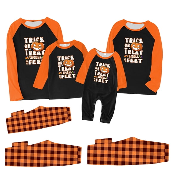 Yuaguia Family Matching Halloween Pajamas, Trick or Treat Smell My Feet Long Sleeve Tops and Plaid Pants Sleepwear Set, Autumn Holiday Loungewear, Baby 3 Months