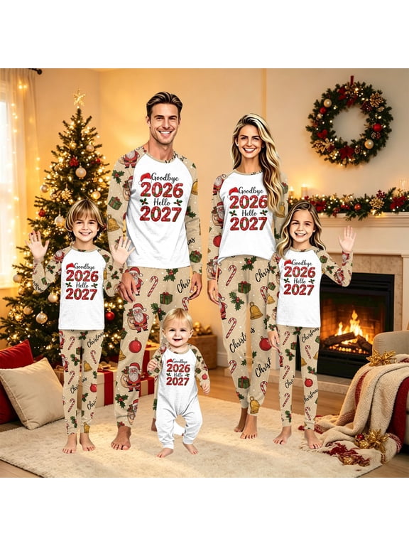 Family Matching New Year Christmas Pajamas Set, Goodbye 2026 Hello 2027 Long Sleeve Raglan Top and Pants Holiday Sleepwear, Festive Khaki and White Xmas Loungewear, Baby 12 Months