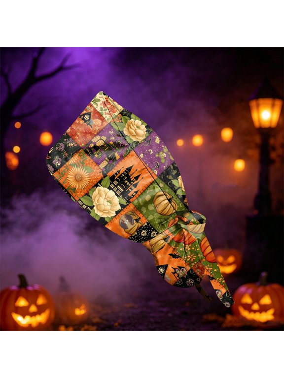 Halloween Autumn Patchwork Castle Pumpkin Print Scrub Work Cap for Women, Adjustable Ponytail Pouch Working Hat with Buttons, Breathable Cotton Chef Nurse Uniform Hat