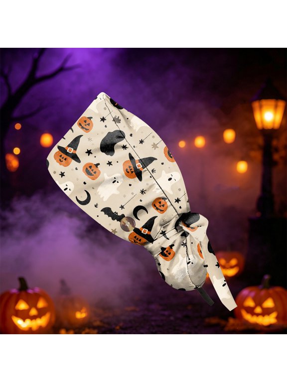 Halloween Cute Witch Hat Pumpkin Ghost Print Scrub Work Cap for Women, Adjustable Ponytail Pouch Working Hat with Buttons, Breathable Cotton Chef Nurse Uniform Hat