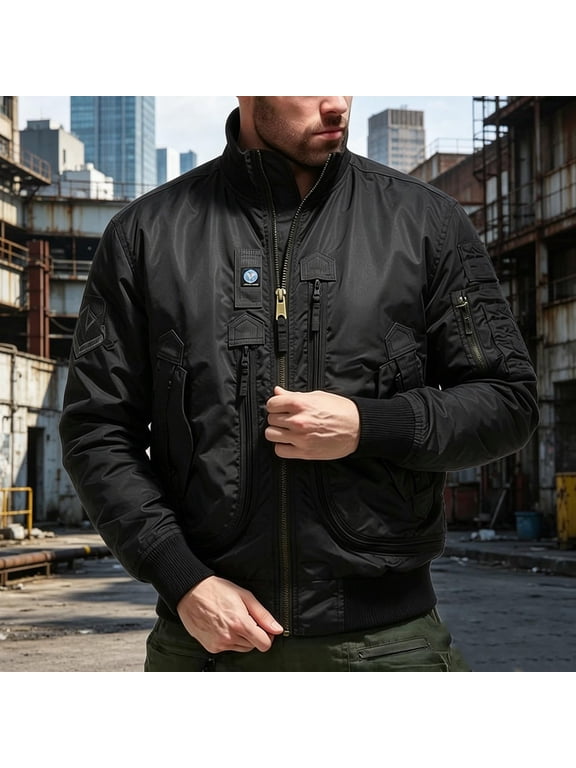 Men's Baseball Jacket, Tactical Flight Bomber Windbreaker Jacket, Stand Collar Outerwear, Military Style Casual Spring Coat for Outdoor Sports, Hiking, and Everyday Wear, Black XL