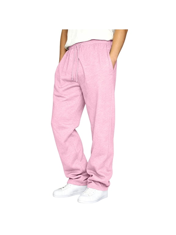 Men's Casual Loose Fit Long Pants, Comfortable Polyester Trousers for Everyday Wear, Joggers with Drawstring and Pockets, Standard Length Activewear Bottoms, Pink L