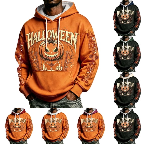 Yuaguia Men's Halloween Hoodie, Loose Fit Graphic Sweatshirt with Kangaroo Pocket and Drawstring, Casual Drawstring Pullover Fall Apparel, Soft Lightweight Novelty Print Tops, White M
