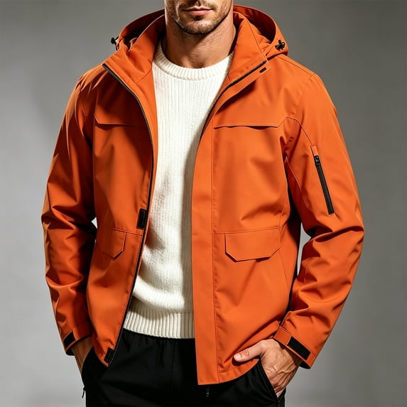Yuaguia Men's Windproof Breathable Hiking Jacket, Casual Waterproof Spring Fall Outdoor Coat, Lightweight Raglan Sleeve Zip Up Windbreaker, Outerwear for Mountain Travel Daily Wear, Orange 2XL