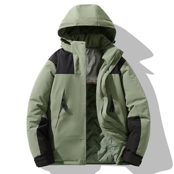 Yuaguia Men's Winter Cotton Jacket, Thick Padded Warm Coat, Waterproof Hooded Outdoor Outerwear, Loose Fit Color Block Casual Wear for Cold Weather Hiking, Camping & Commuting, Army Green XL