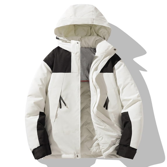 Yuaguia Men's Winter Cotton Jacket, Thick Padded Warm Coat, Waterproof Hooded Outdoor Outerwear, Loose Fit Color Block Casual Wear for Cold Weather Hiking, Camping & Commuting, Beige L