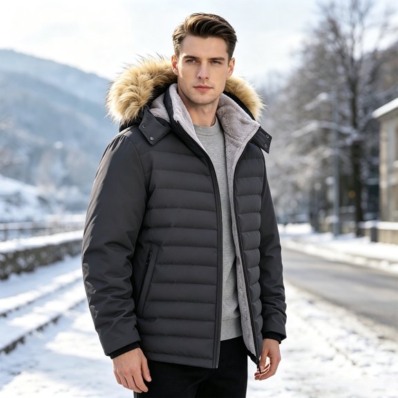 Yuaguia Men's Winter Puffer Jacket, Fleece Lined Hooded Coat with Faux Fur Trim, Quilted Warm Outerwear Thick Padded Thermal Parka for Cold Weather Daily Casual Wear, Gray 2XL