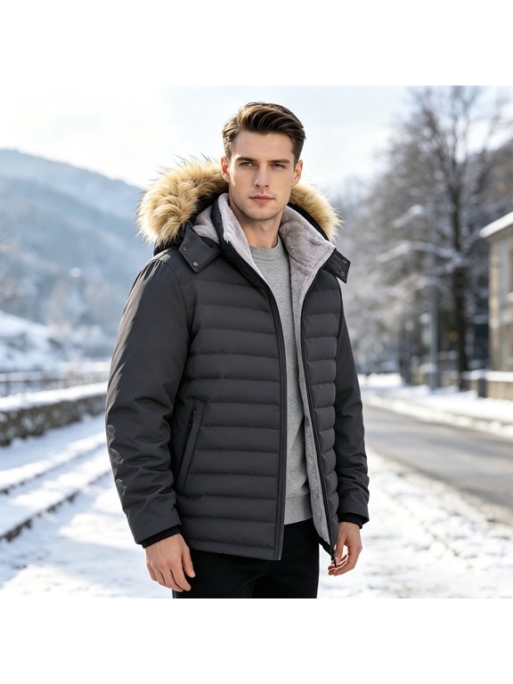 Men's Winter Puffer Jacket, Fleece Lined Hooded Coat with Faux Fur Trim, Quilted Warm Outerwear Thick Padded Thermal Parka for Cold Weather Daily Casual Wear, Gray 2XL