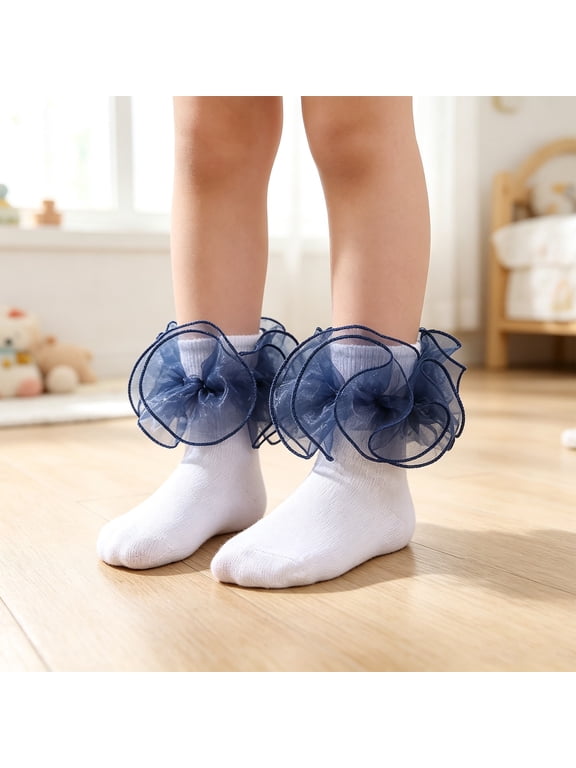 Navy Girls Puffy Lace Ruffle Socks, Big Colorful Frilly Princess Socks, Soft Stretchy Layered Ankle Dress Socks for Dance Wedding Party, Gift For Girls, Size XS