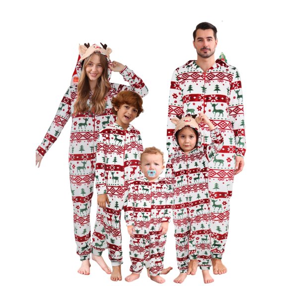 Yuaguia Red Matching Family Christmas Pajamas Sets, Fair Isle Reindeer Tree Hooded Onesie Sleepwear, Zipper Jumpsuit Long Sleeve Romper for Women, Men, Kids, Baby, Toddler, Holiday Pjs