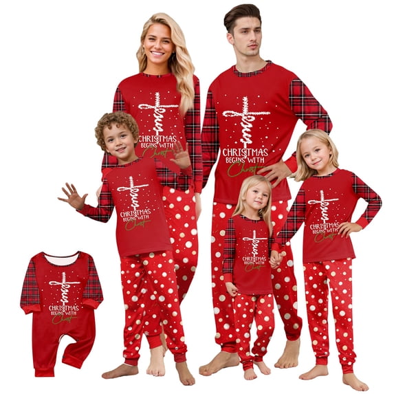 Yuaguia Red Matching Family Christmas Pajamas Sets, Holiday Tree Graphic Lettering Tops, Buffalo Plaid Raglan Long Sleeves, Snow Dot Pants Sleepwear for Women, Men, Kids, Baby