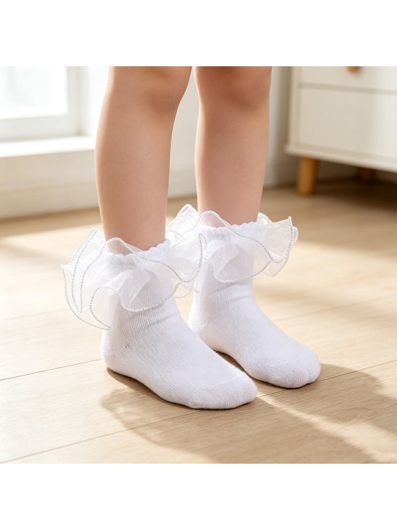 Silver Girls Colorful 3D Lace Socks, Cute Floral Ruffle Princess Short Socks, Soft Stretchy Frilly Ankle Dress Socks for Dance Party Wedding, Lovely Gift, Size L