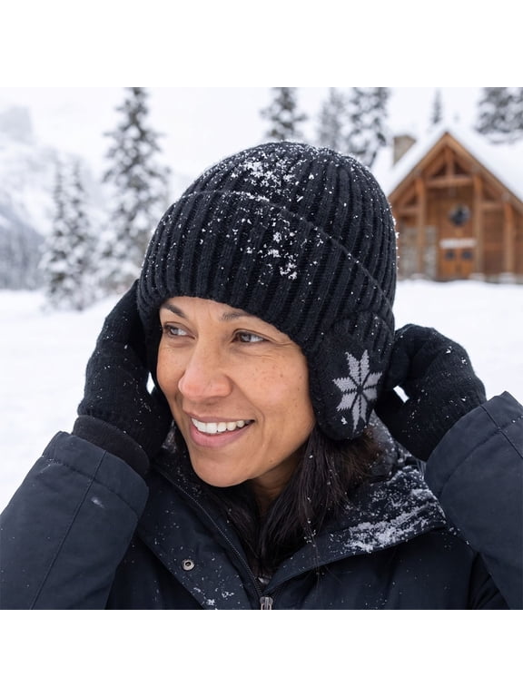 Unisex Winter Pullover Hat, Thick Knit Beanie with Ear Flaps Maple Leaf Pattern, Warm Thermal Headwear for Cold Weather Outdoor Skiing Snowboarding, Black
