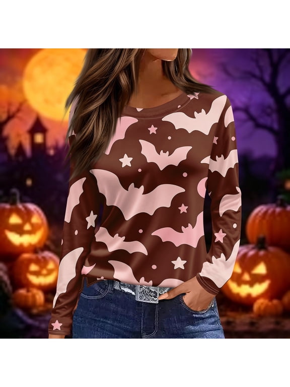Women Halloween Bat Print Long Sleeve T-Shirt, Spooky Side Split Crewneck Casual Autumn Fall Top for Daily Wear, Work, and Holiday Parties, Light Brown S