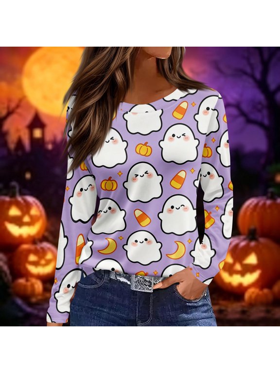 Women Halloween Ghost Candy Print Long Sleeve T-Shirt, Spooky Side Split Crewneck Casual Autumn Fall Top for Daily Wear, Work, and Holiday Parties, Purple Pink S