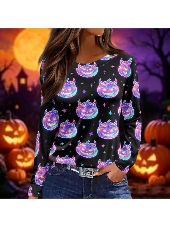 Women Halloween Glowing Pumpkin Print Long Sleeve T-Shirt, Spooky Side Split Crewneck Casual Autumn Fall Top for Daily Wear, Work, and Holiday Parties, Purple Pink XL