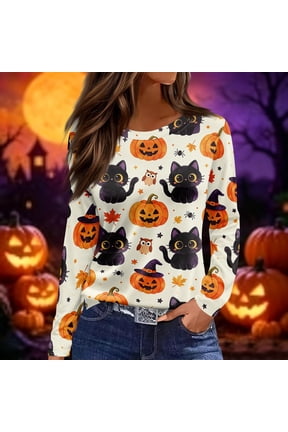 Women Halloween Pumpkin Cat Long Sleeve T-Shirt, Spooky Side Split Crewneck Casual Autumn Fall Top for Daily Work, Holiday Parties and Street Wear, Yellow 2XL
