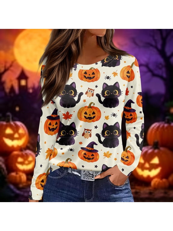Women Halloween Pumpkin Cat Long Sleeve T-Shirt, Spooky Side Split Crewneck Casual Autumn Fall Top for Daily Work, Holiday Parties and Street Wear, Yellow S