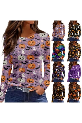 Women Halloween Pumpkin Face Print Long Sleeve T-Shirt, Spooky Side Split Crewneck Casual Autumn Fall Top for Daily Wear, Work, and Holiday Parties, Black S
