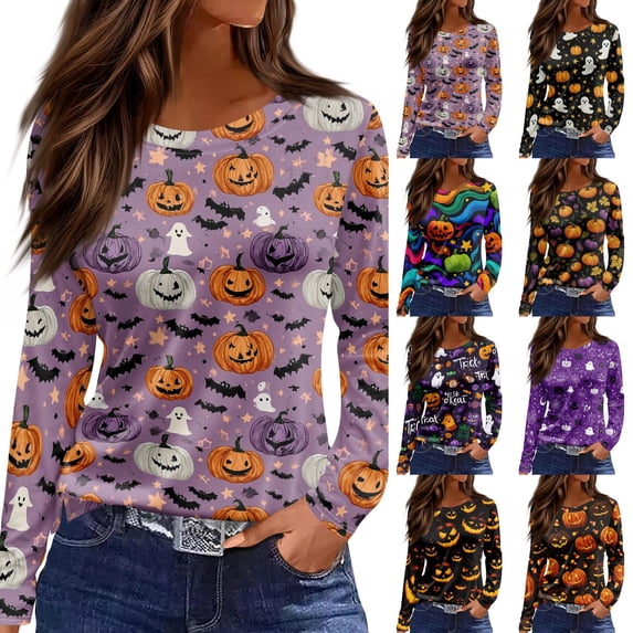 Yuaguia Women Halloween Pumpkin Face Print Long Sleeve T-Shirt, Spooky Side Split Crewneck Casual Autumn Fall Top for Daily Wear, Work, and Holiday Parties, Black 3XL