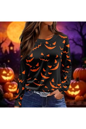 Women Halloween Pumpkin Face Print Long Sleeve T-Shirt, Spooky Side Split Crewneck Casual Autumn Fall Top for Daily Wear, Work, and Holiday Parties, Black S