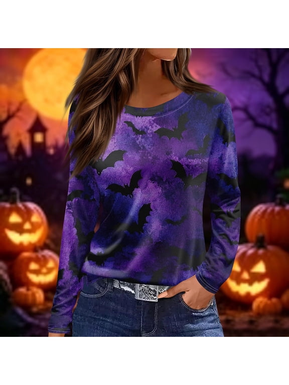 Women Halloween Purple Bat Print Long Sleeve T-Shirt, Spooky Side Split Crewneck Casual Autumn Fall Top for Daily Wear, Work, and Holiday Parties, Purple M