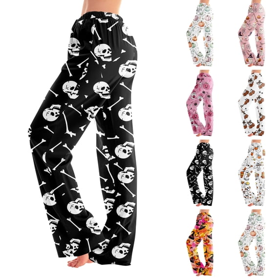 Yuaguia Women Halloween Skull & Bone Print Pajama Pants, Elastic Waist Wide Leg Loose Sleep Lounge Pants, No Drawstring Soft Casual Fall Home Loungewear Bottoms ,Black M