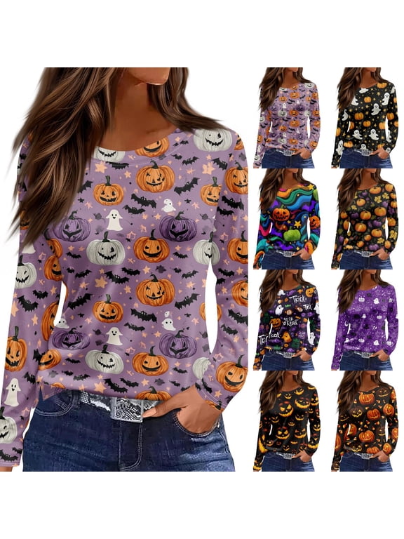 Women Halloween Trick Or Treat Print Long Sleeve T-Shirt, Spooky Side Split Crewneck Casual Autumn Fall Top for Daily Wear, Work, and Holiday Parties, Purple S