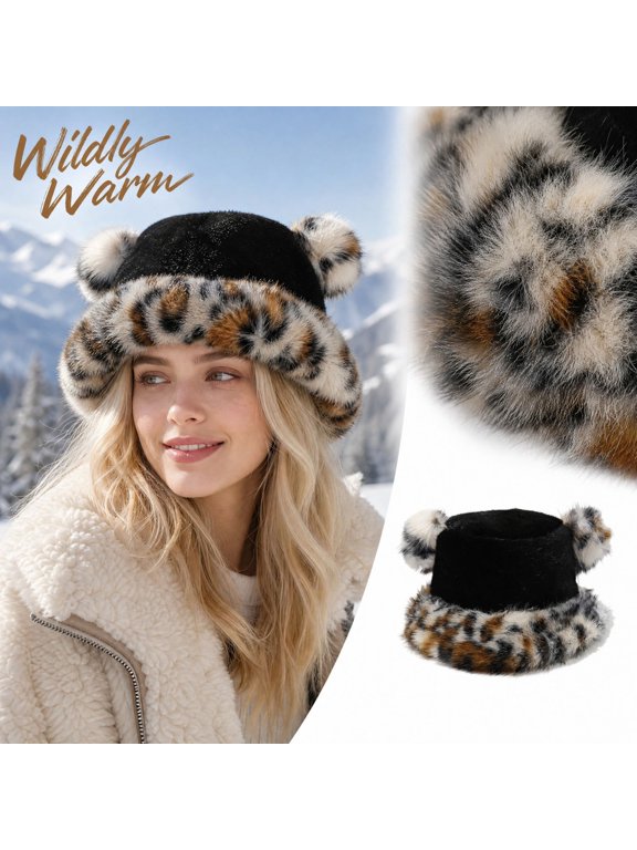 Women Leopard Print Bear Ear Bucket Hat, Cute Animal Plush Warm Fisherman Cap, Fuzzy Winter Cold Weather Outdoor Headwear for Daily Travel and Holiday Parties, Black