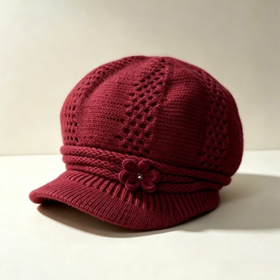 Yuaguia Women Winter Warm Knitted Deep Red Beanie Hat with Brim, Thickened Fleece Lined Windproof Thermal Visor Cap for Outdoor Cycling Hiking Daily Casual Wear