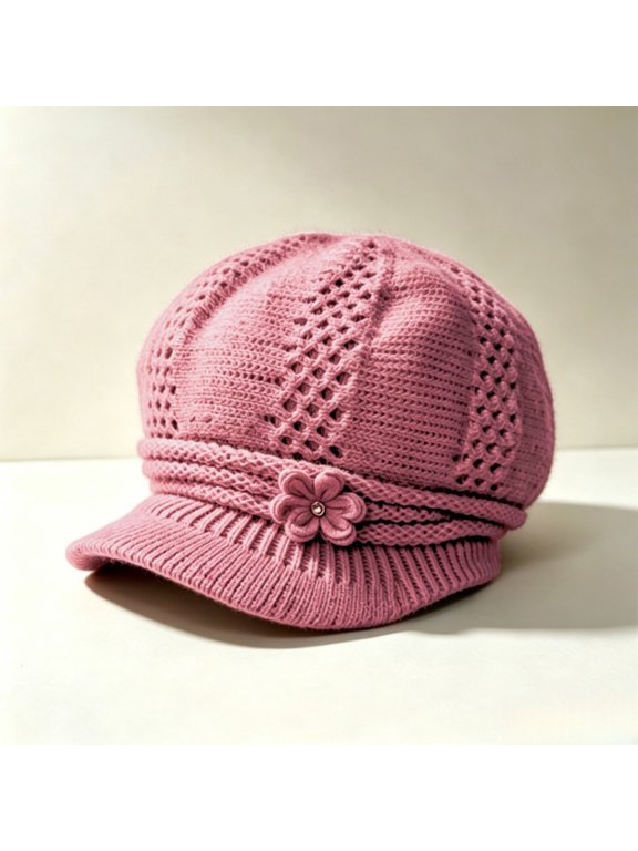 Women Winter Warm Knitted Pink Beanie Hat with Brim, Thickened Fleece Lined Windproof Thermal Visor Cap for Outdoor Cycling Hiking Daily Casual Wear