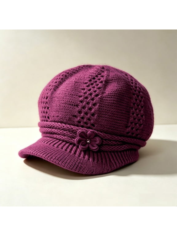 Women Winter Warm Knitted Purple Beanie Hat with Brim, Thickened Fleece Lined Windproof Thermal Visor Cap for Outdoor Cycling Hiking Daily Casual Wear