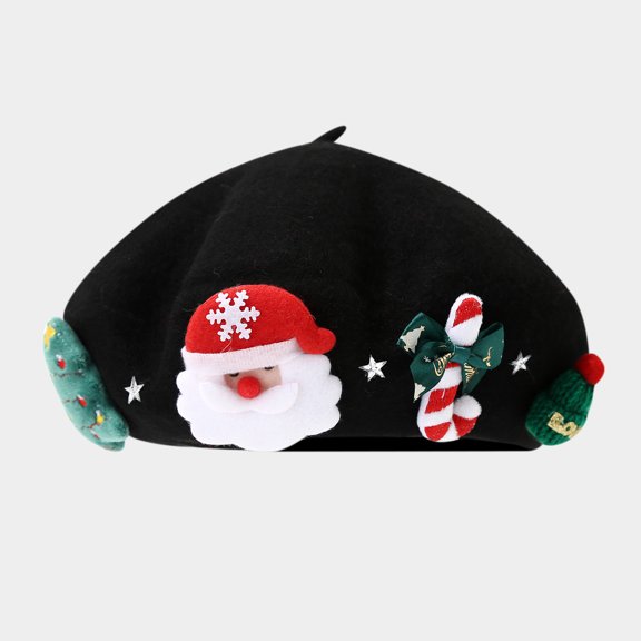 Yuaguia Women's Christmas Beret, Cute Santa Candy Cane Bow 3D Hat, Warm Wool Blend French Painter Cap, Holiday Party Accessory, Black