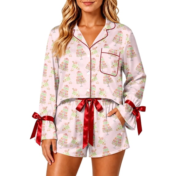 Yuaguia Women's Christmas Pajama Set, Light Pink Macaron Tree Print ...