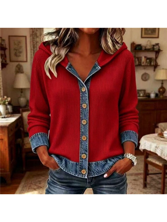 Women's Denim Patchwork Hooded Knit Jacket, Casual Long Sleeve Button Front Cardigan with Ribbed Texture for Fall & Daily Wear, Red L