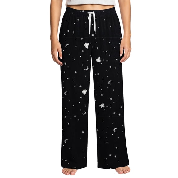 Yuaguia Women's Halloween Pajama Pants, Soft Wide Leg Lounge Trousers with Ghost Moon Star Print, Adjustable Drawstring Sleepwear, Relaxed Fit Casual Bottoms for Home and Sleep, Sizes S-2XL