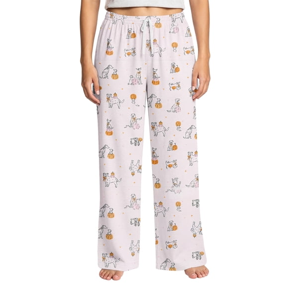 Yuaguia Women's Halloween Pajama Pants, Wide Leg Sleepwear with Dog and Pumpkin Print, Soft Adjustable Drawstring Lounge Pants with Pockets for Sleeping and Relaxing, Sizes S-2XL
