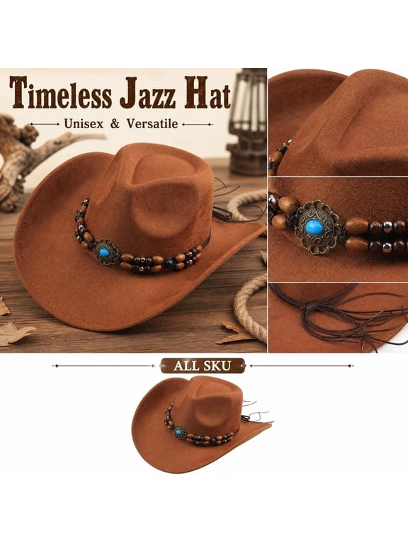 Women's Jazz Hat, Wide Brim Suede Texture Hat with Beaded Band and Tassel, Cotton Polyester Sun Cap for Dance Party, Stage Performance, Daily Wear, Vintage Boho Style Accessory, Brown